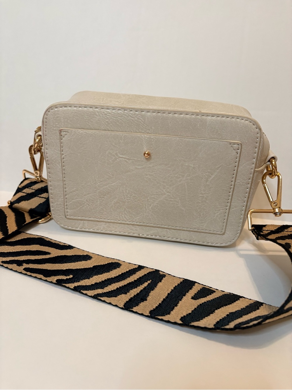 Ah-Dorned Beige Cream Crossbody Bag Animal Print Strap Gold Hardware Small